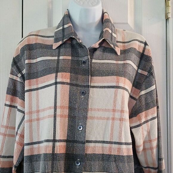 Forenza vintage 80's gray pink white ribbed long sleeve button down short Sz - Picture 3 of 6